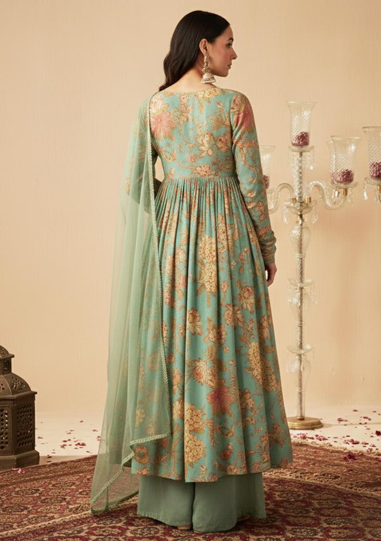 Sage Green Floral Print Chinon Anarkali Set - Indya