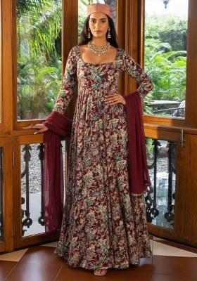 Wine Floral Print Satin Anarkali With Dupatta
