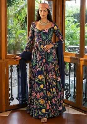 Navy Blue Floral Print Satin Anarkali With Dupatta