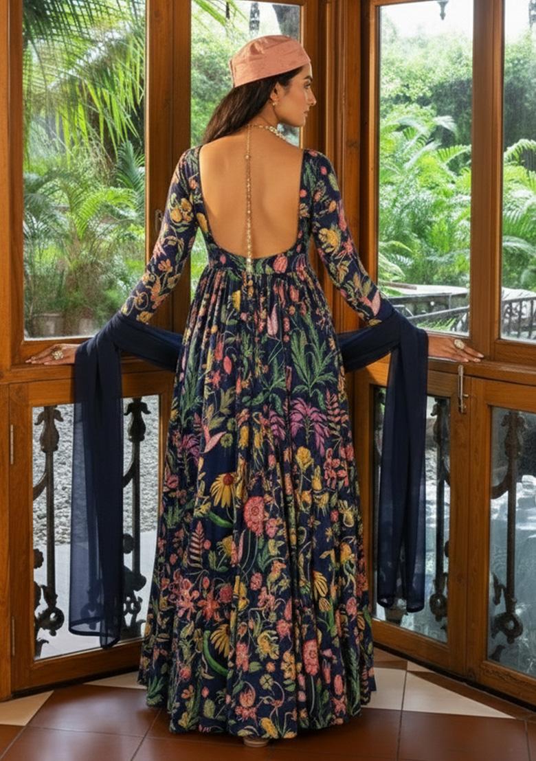 Navy Blue Floral Print Satin Anarkali With Dupatta - Indya