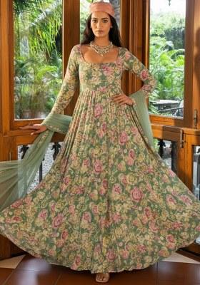 Sage Green Floral Print Satin Anarkali With Dupatta