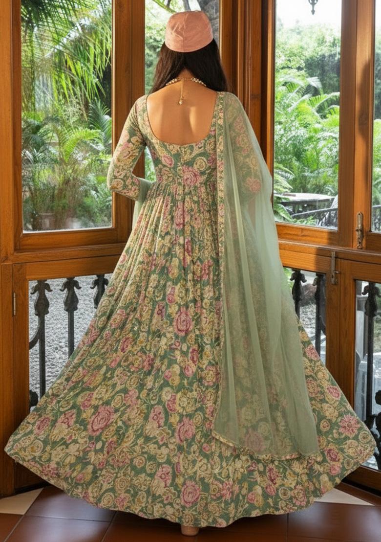 Sage Green Floral Print Satin Anarkali With Dupatta - Indya