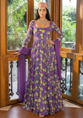 Purple Floral Print Satin Anarkali With Dupatta