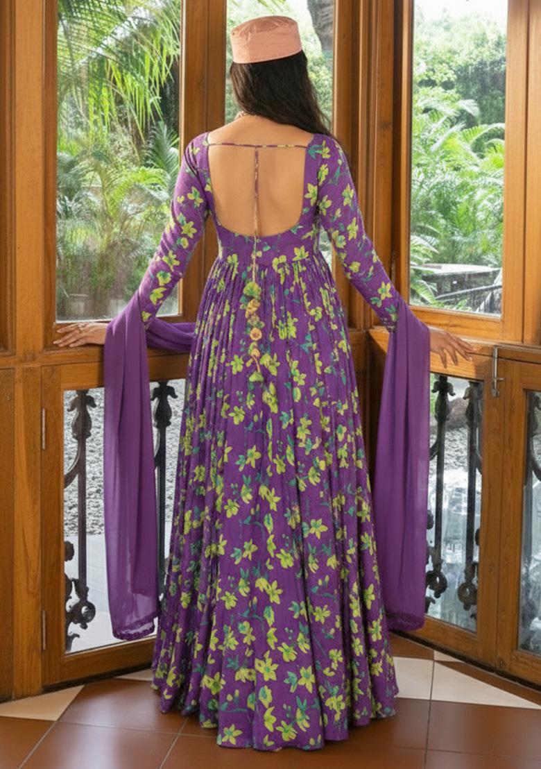 Purple Floral Print Satin Anarkali With Dupatta - Indya