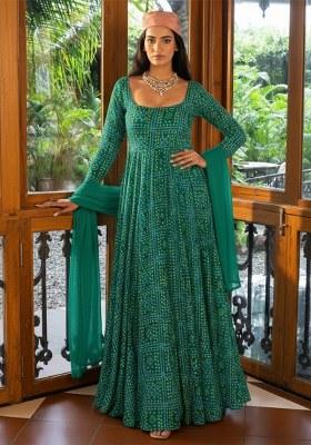 Bottle Green Floral Print Satin Anarkali With Dupatta