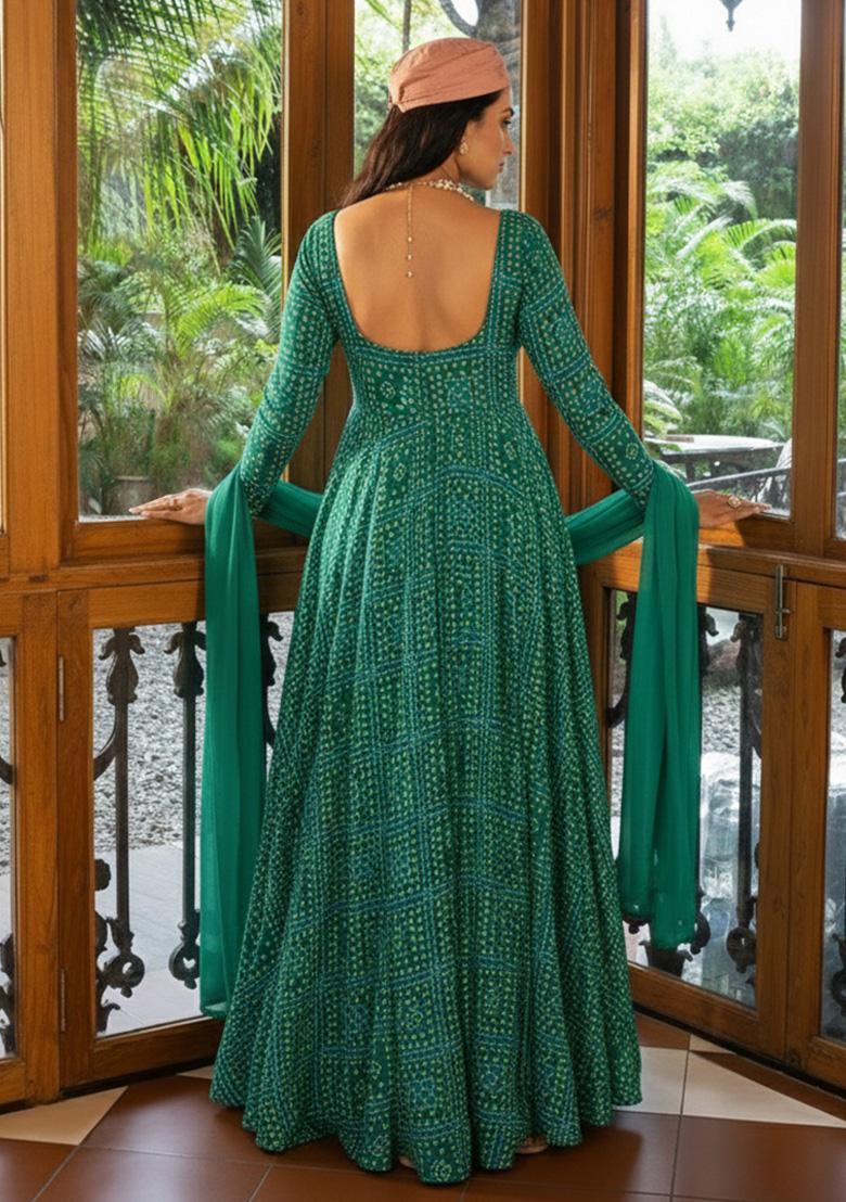 Bottle Green Floral Print Satin Anarkali With Dupatta - Indya