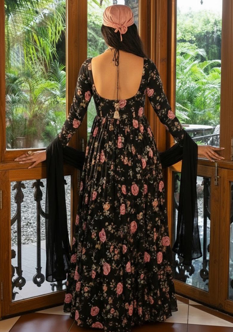 Black Floral Print Satin Anarkali With Dupatta - Indya