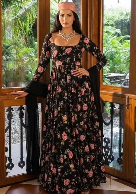 Black Floral Print Satin Anarkali With Dupatta