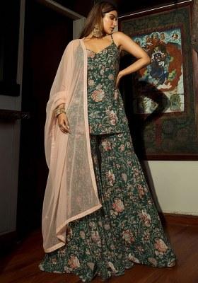 Forest Green Floral Print Silk Sharara Set