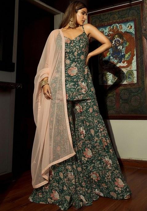 Forest Green Floral Print Silk Sharara Set