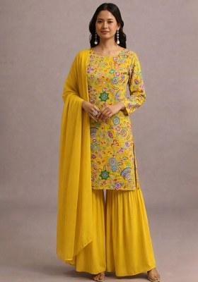 Yellow Embroidered Crepe Sharara Set
