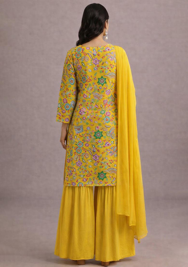 Yellow Embroidered Crepe Sharara Set - Indya