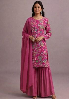 Rani Pink Embroidered Crepe Sharara Set