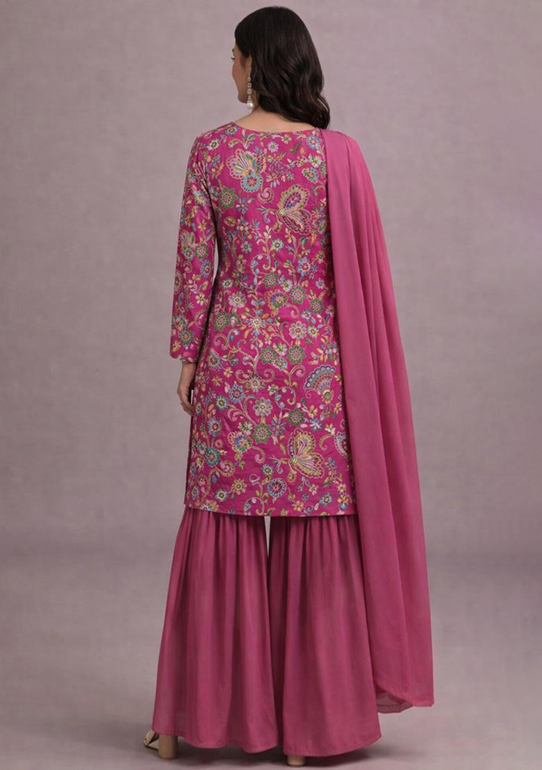Rani Pink Embroidered Crepe Sharara Set - Indya