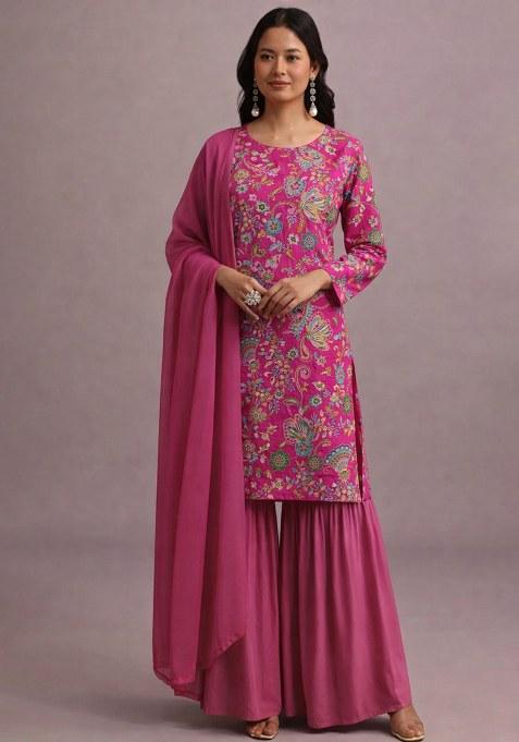 Rani Pink Embroidered Crepe Sharara Set