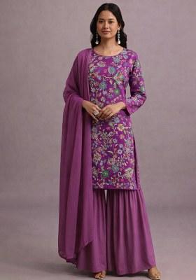 Purple Embroidered Crepe Sharara Set