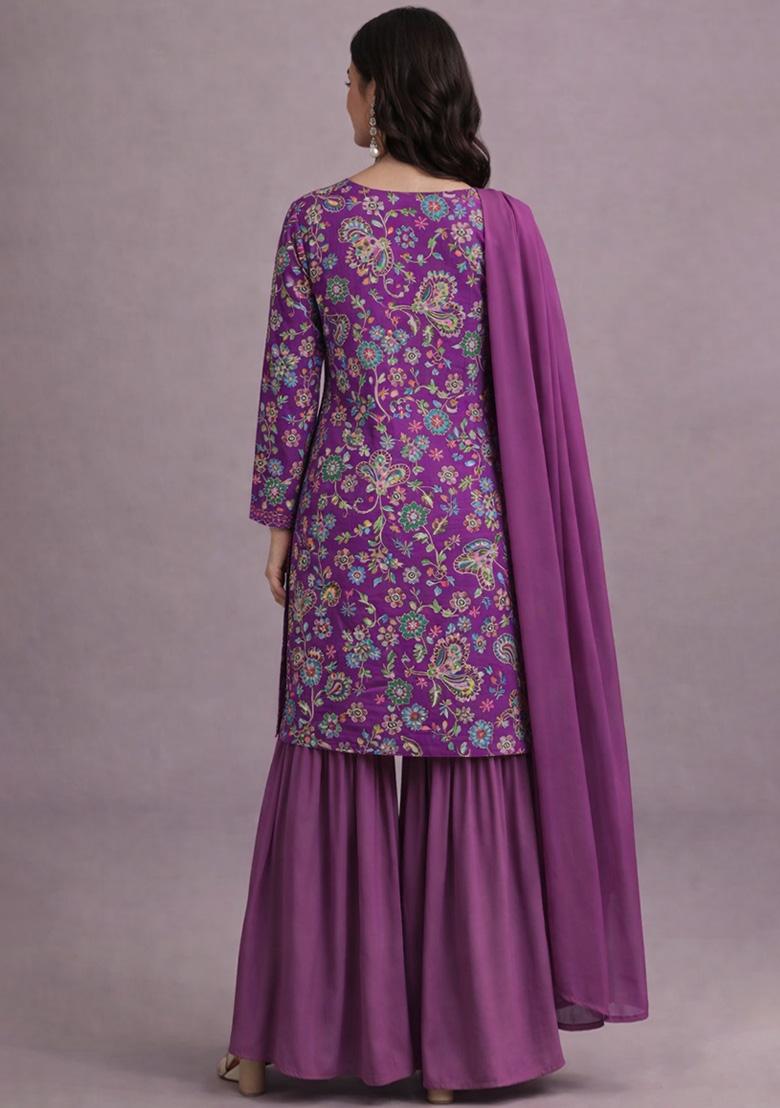 Purple Embroidered Crepe Sharara Set - Indya