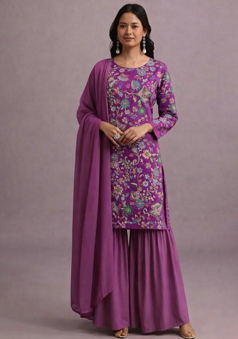 Purple Embroidered Crepe Sharara Set