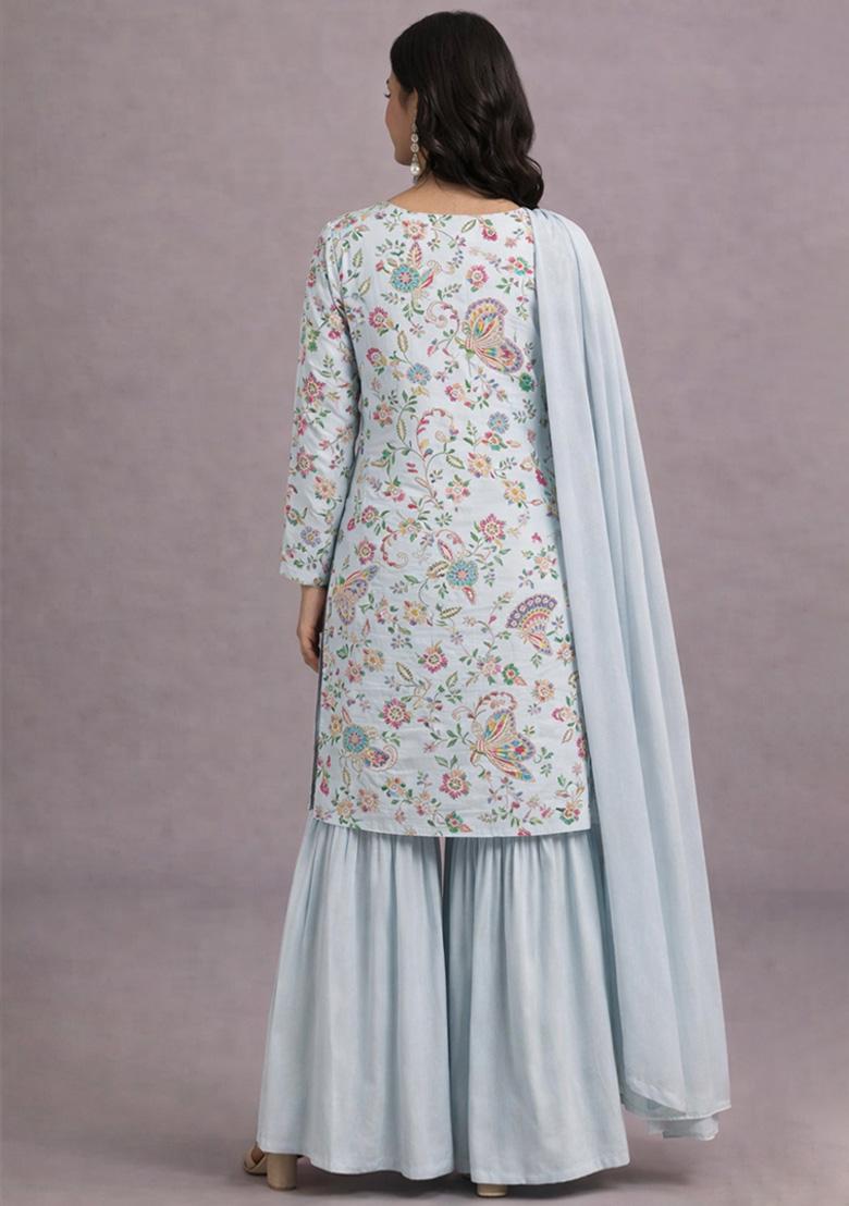 Ice Blue Embroidered Crepe Sharara Set - Indya