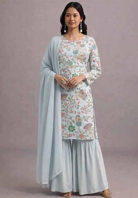 Ice Blue Embroidered Crepe Sharara Set