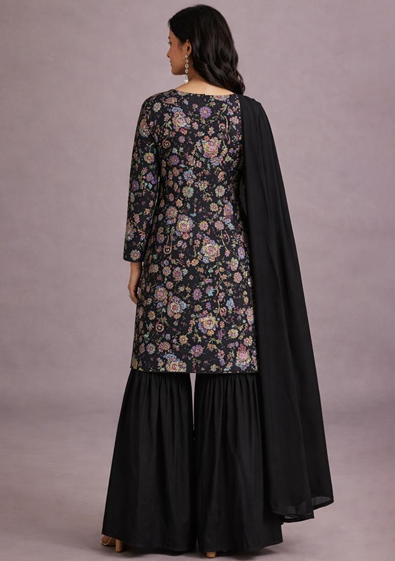 Black Embroidered Chinon Sharara Set - Indya
