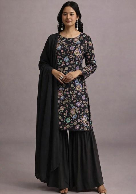 Black Embroidered Chinon Sharara Set