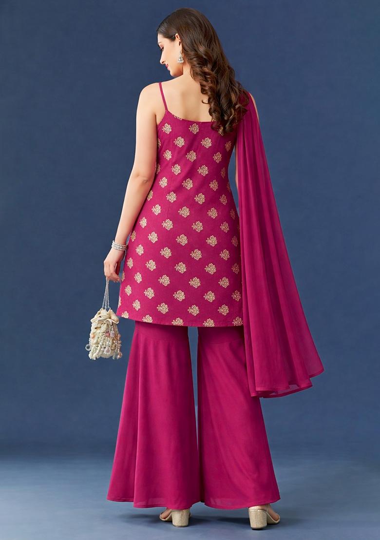 Rani Pink Floral Print Georgette Sharara Set - Indya