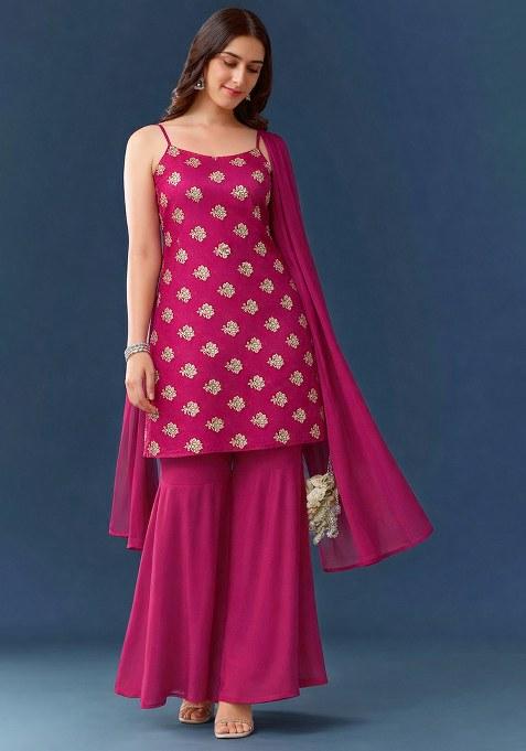 Rani Pink Floral Print Georgette Sharara Set