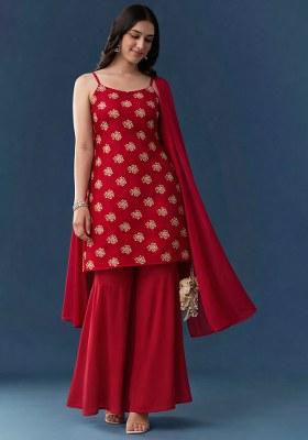 Deep Red Floral Print Georgette Sharara Set