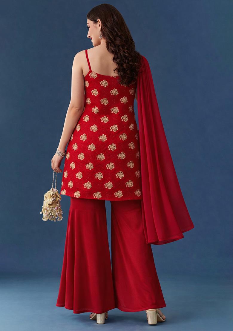 Deep Red Floral Print Georgette Sharara Set - Indya
