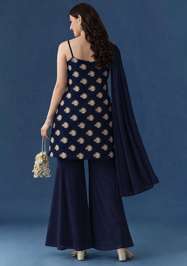 Navy Blue Floral Print Georgette Sharara Set - Indya