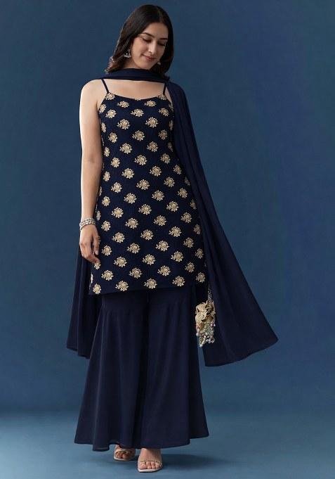 Navy Blue Floral Print Georgette Sharara Set