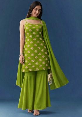 Leaf Green Floral Print Georgette Sharara Set
