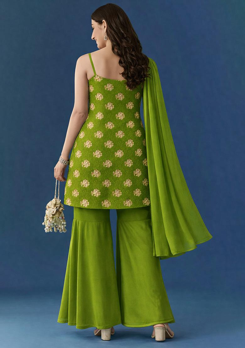 Leaf Green Floral Print Georgette Sharara Set - Indya