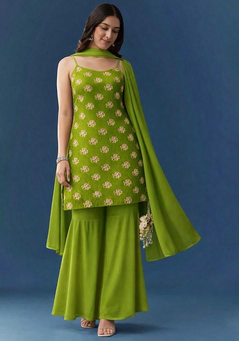 Leaf Green Floral Print Georgette Sharara Set