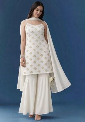 Off White Floral Print Georgette Sharara Set