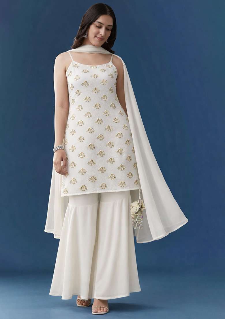 Off White Floral Print Georgette Sharara Set - Indya