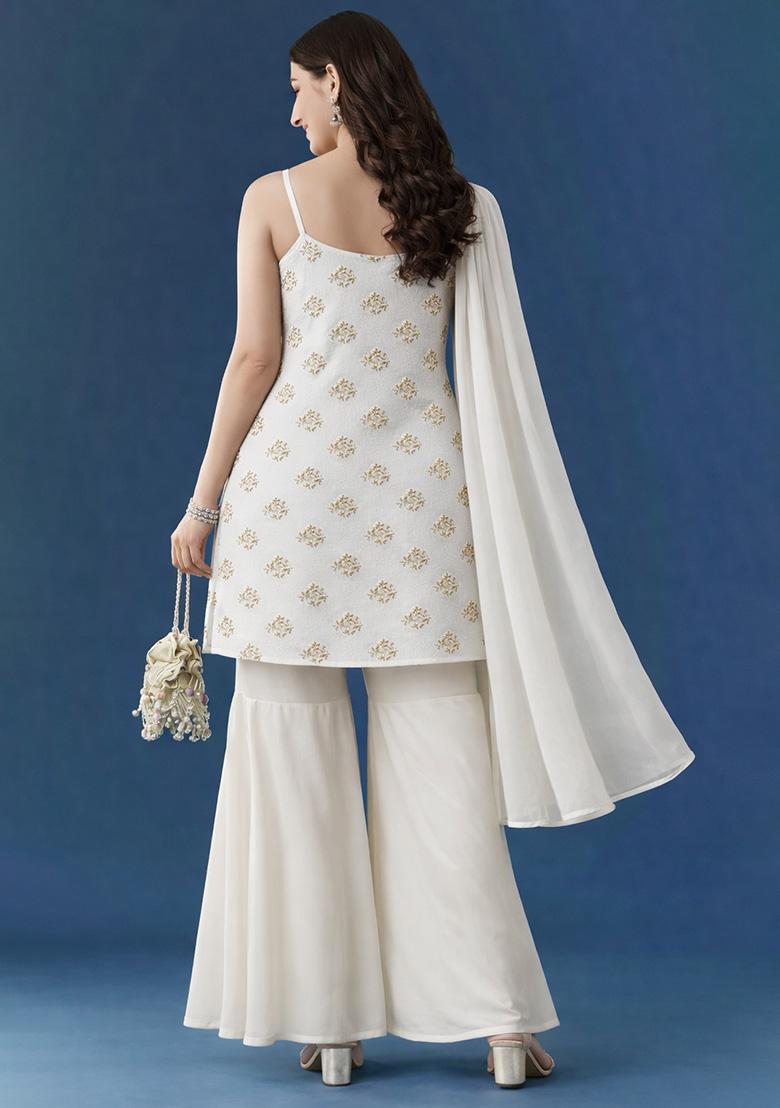 Off White Floral Print Georgette Sharara Set - Indya