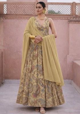 Yellow Embroidered Crepe Anarkali With Dupatta