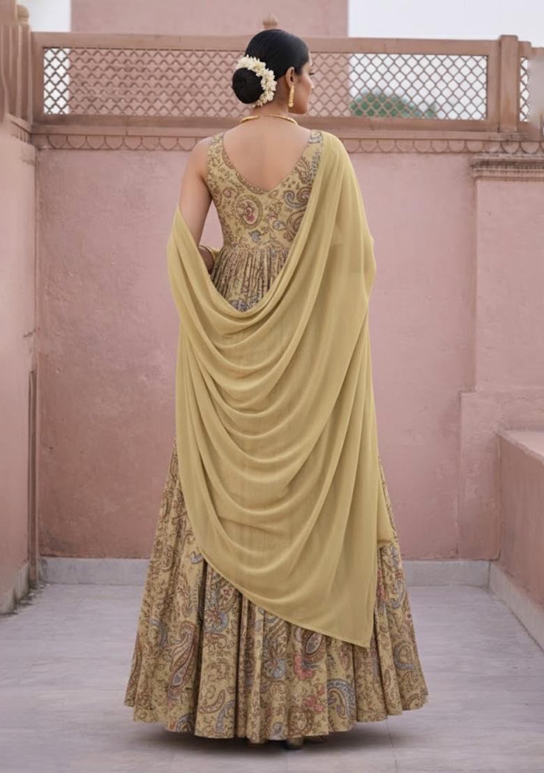 Yellow Embroidered Crepe Anarkali With Dupatta - Indya