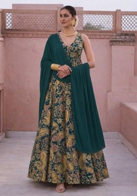 Teal Blue Embroidered Crepe Anarkali With Dupatta