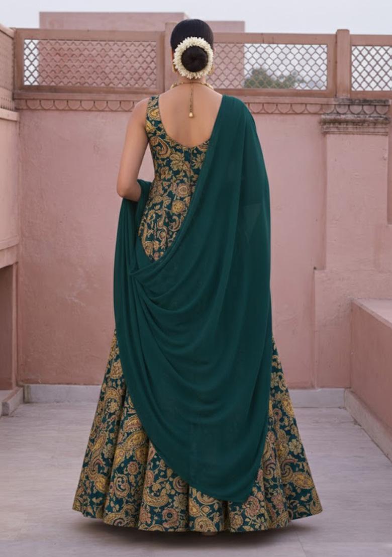 Teal Blue Embroidered Crepe Anarkali With Dupatta - Indya