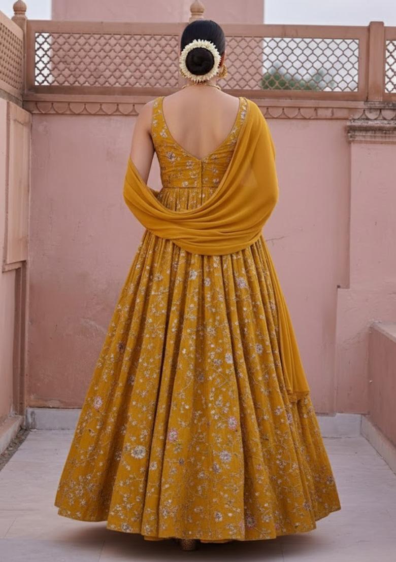 Mustard Embroidered Crepe Anarkali With Dupatta - Indya