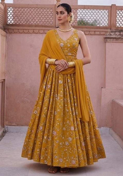 Mustard Embroidered Crepe Anarkali With Dupatta