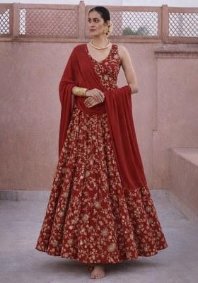 Deep Red Embroidered Crepe Anarkali With Dupatta