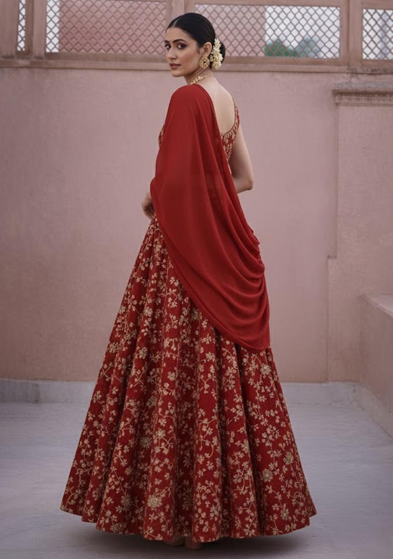 Deep Red Embroidered Crepe Anarkali With Dupatta - Indya