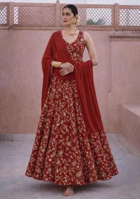Deep Red Embroidered Crepe Anarkali With Dupatta