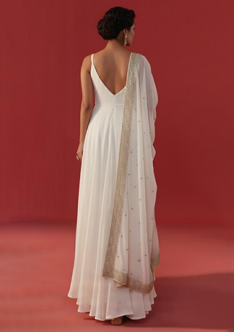 Ivory Embroidered Georgette Anarkali With Dupatta - Indya