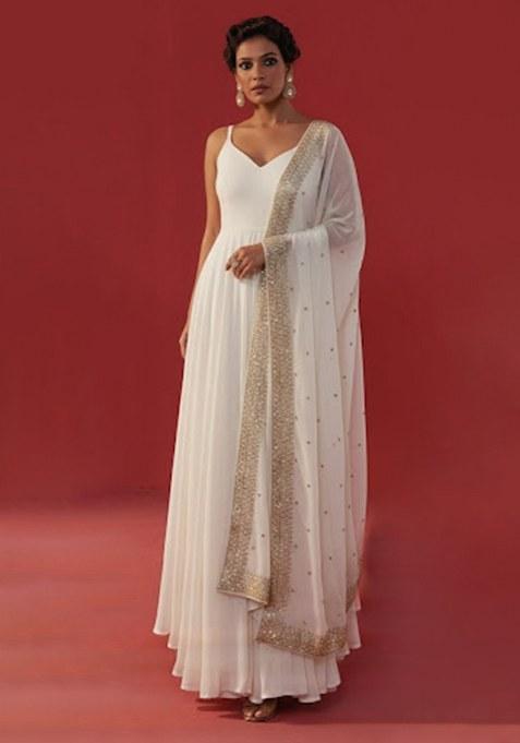 Ivory Embroidered Georgette Anarkali With Dupatta
