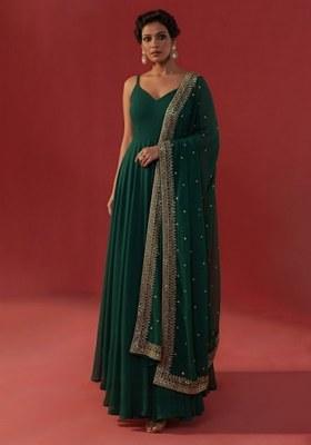 Dark Green Embroidered Georgette Anarkali With Dupatta